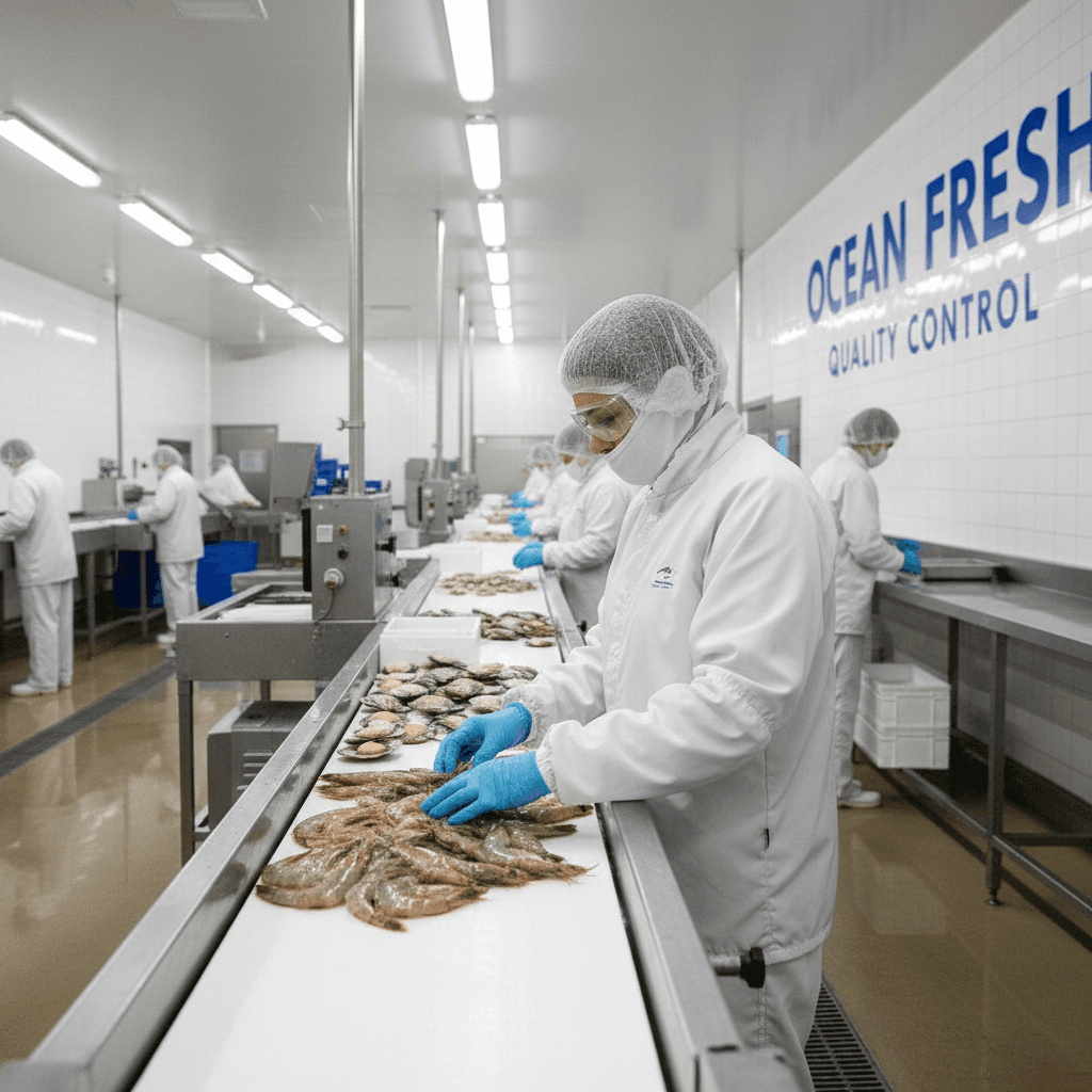 HACCP 認證加工廠中檢查海鮮的作業人員